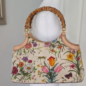 Authentic Gucci Floral Canvas Shoulder Bag with Bamboo Handles